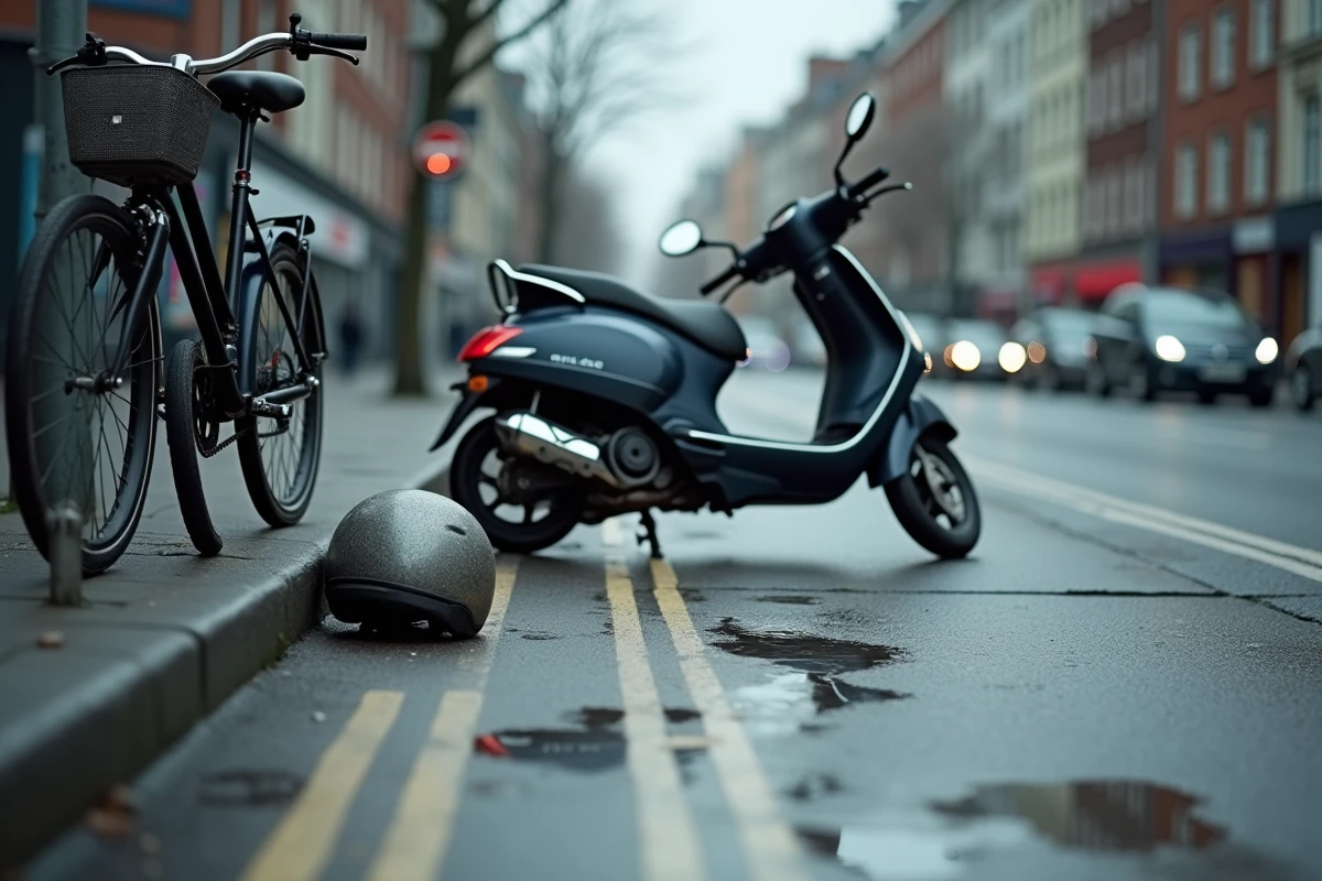 Scène d'accident impliquant un scooter renversé sur une route mouillée en ville, évoquant les conséquences juridiques d'un accident sans permis valable