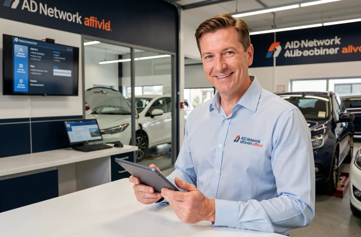 Conseiller service de AD Garage Lons Automobiles accueillant un client à l'accueil d'un garage affilié au réseau AD dans le Jura