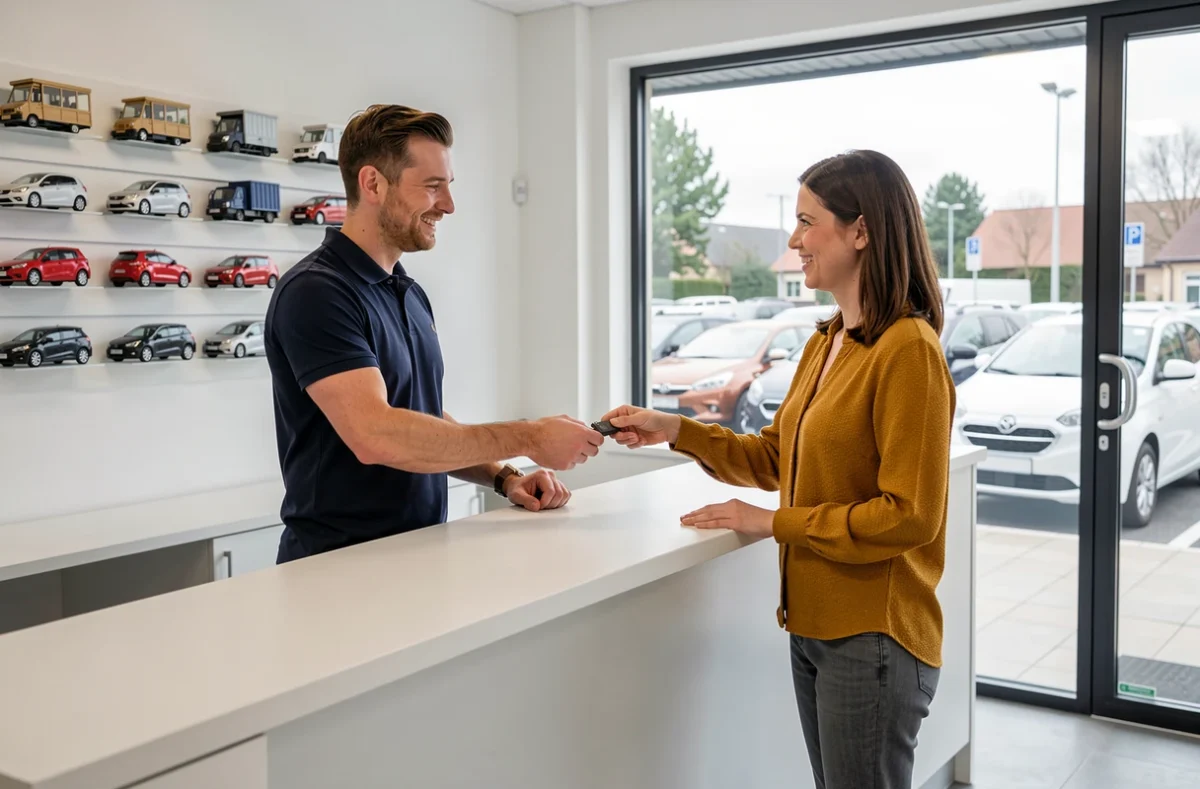 Agent de location remettant les clés d'une voiture sans permis à une cliente dans une agence à Clermont-Ferrand