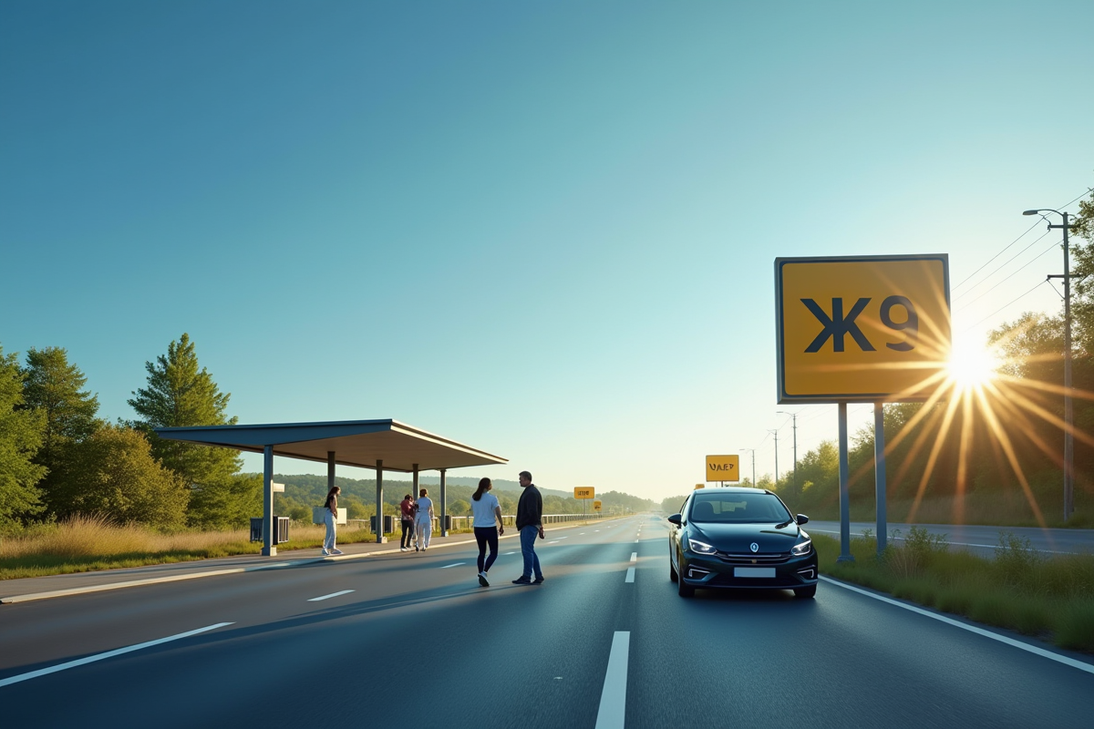 Aire de repos en France avec voiture écologique et voyageurs