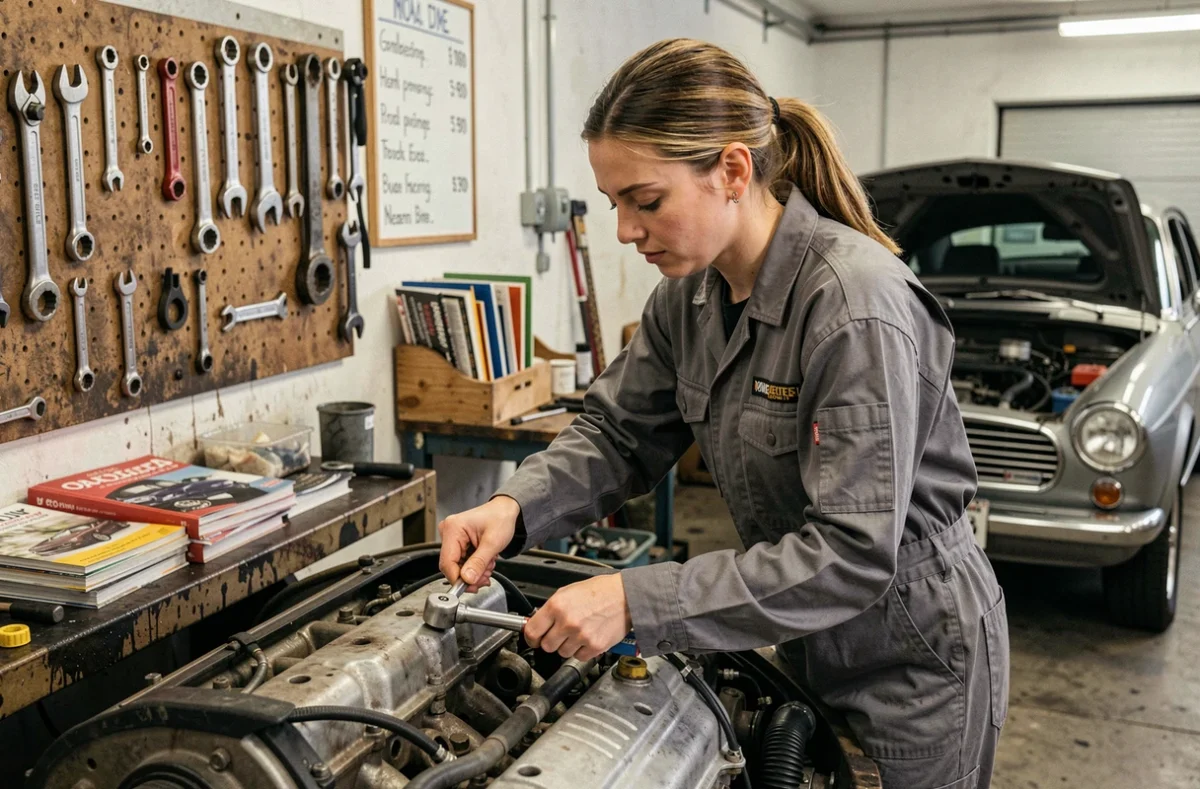 Mécanicienne indépendante d'A.M Auto travaillant sur un moteur dans un petit garage artisanal du Jura