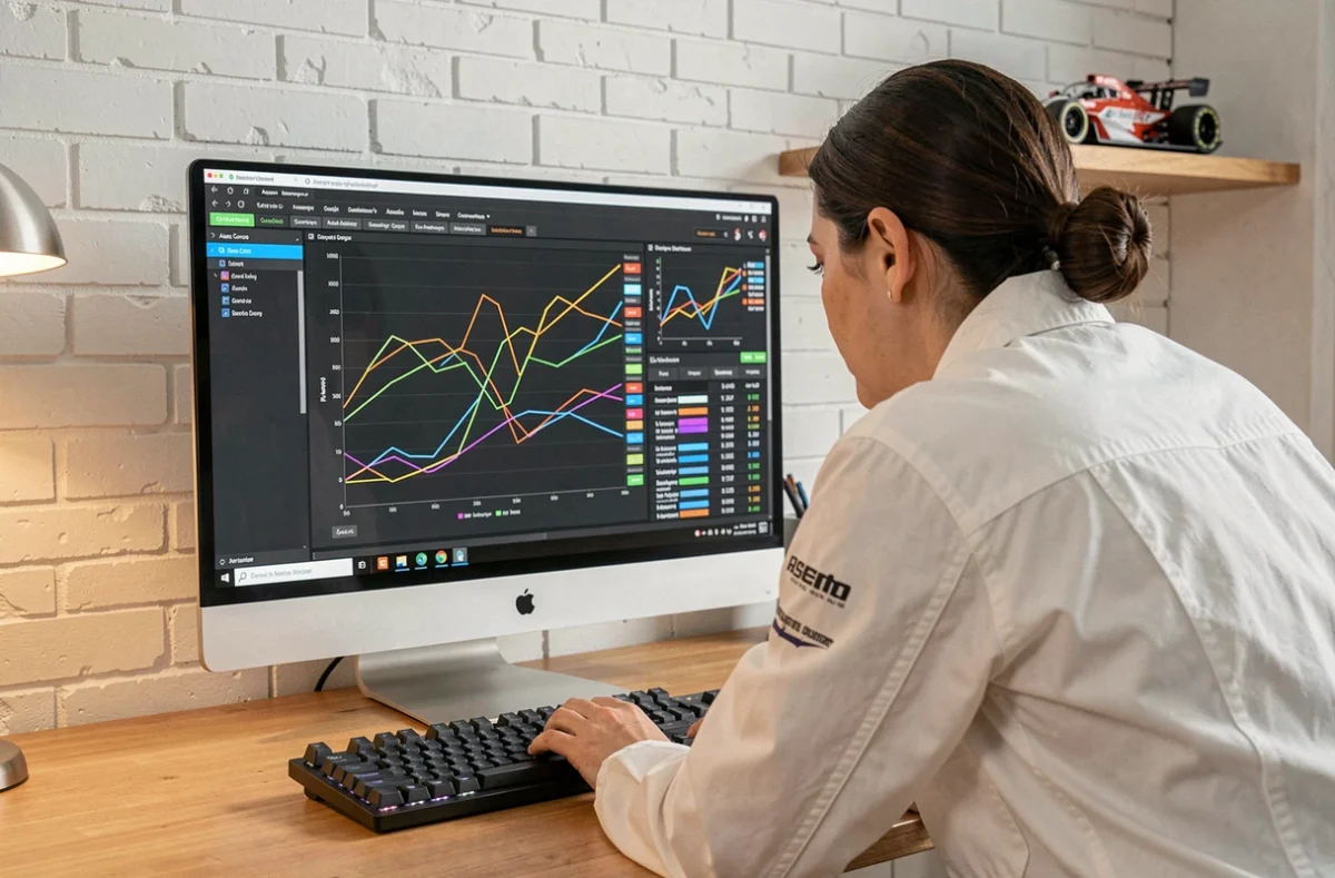 Femme analyste de pilotage virtuel étudiant des données de télémétrie Assetto Corsa sur un moniteur dans un bureau moderne