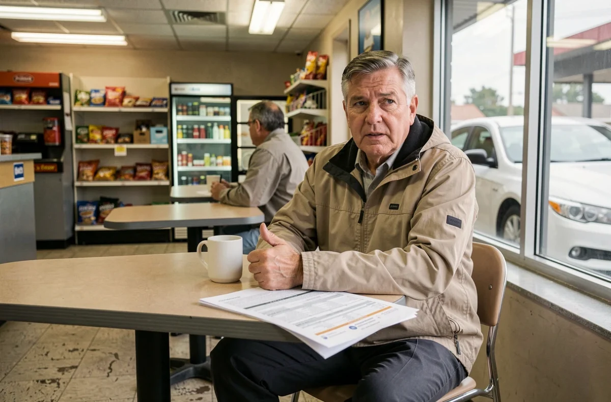 Ancien conducteur de voiture radar privée assis dans un café de station-service, une tasse de café devant lui et des feuilles de route imprimées sur la table