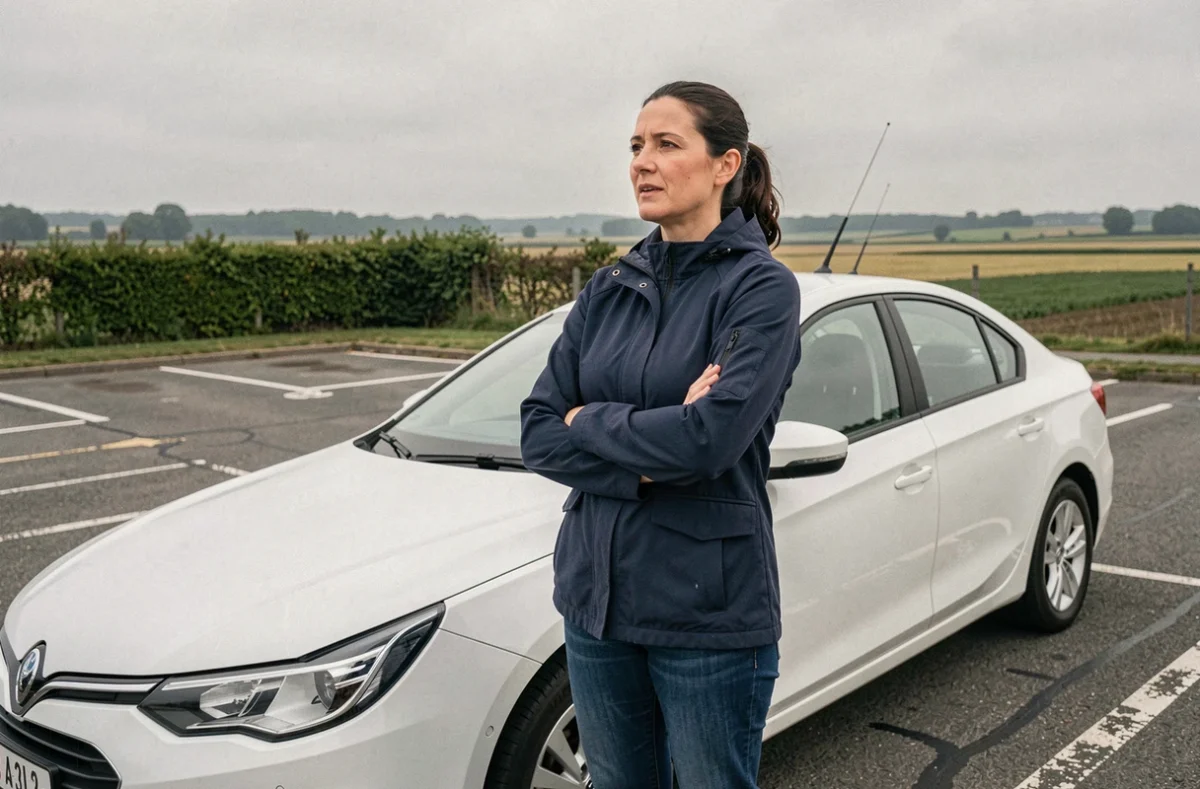 Ancienne conductrice de voiture radar privée debout à l'extérieur d'un véhicule blanc sur une aire de repos en France, expression réfléchie et candide