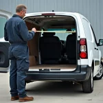 Artisan mesurant l'espace intérieur d'un Citroën Berlingo L1H1 avec un mètre ruban devant un entrepôt industriel