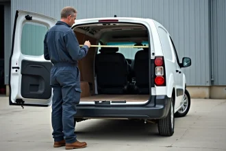 Artisan mesurant l'espace intérieur d'un Citroën Berlingo L1H1 avec un mètre ruban devant un entrepôt industriel