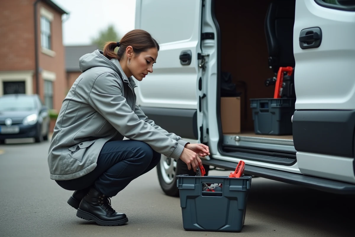 Artisane organisant ses outils dans un utilitaire compact L1H1 garé en zone résidentielle