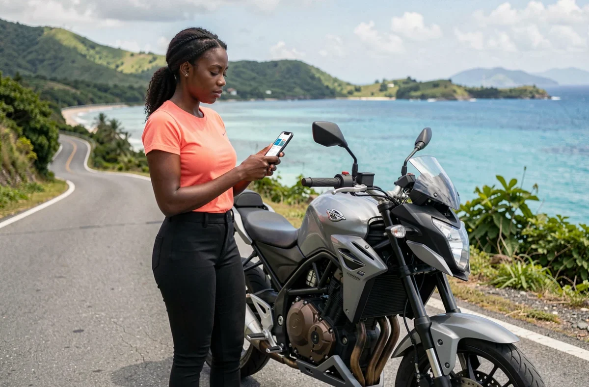 Motarde comparant des offres d'assurance moto sur smartphone au bord de la route côtière en Martinique