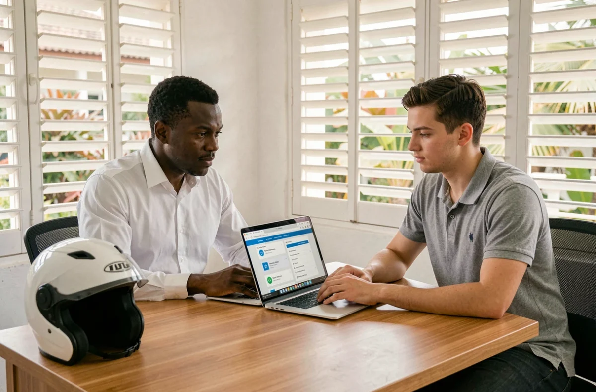 Conseiller en assurance moto expliquant les formules à un client dans un bureau en Martinique