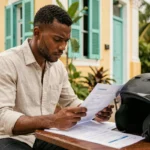 Homme consultant son contrat d'assurance moto en terrasse à Fort-de-France, Martinique