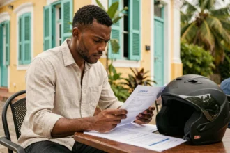 Homme consultant son contrat d'assurance moto en terrasse à Fort-de-France, Martinique