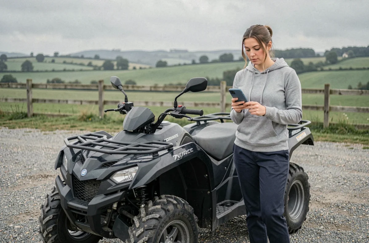 Femme consultant un comparateur d'assurance quad homologué sur smartphone à côté de son quad en campagne