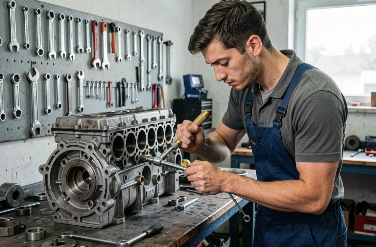 Romain Pons travaillant seul sur un bloc moteur dans son atelier de mécanique indépendant