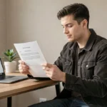 Jeune homme consultant son attestation d'assurance moto 125 à son bureau à domicile