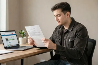 Jeune homme consultant son attestation d'assurance moto 125 à son bureau à domicile