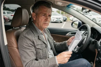 Automobiliste frustré tenant des documents d'assurance auto dans son véhicule, illustrant les raisons de quitter l'assurance Qlara en 2026