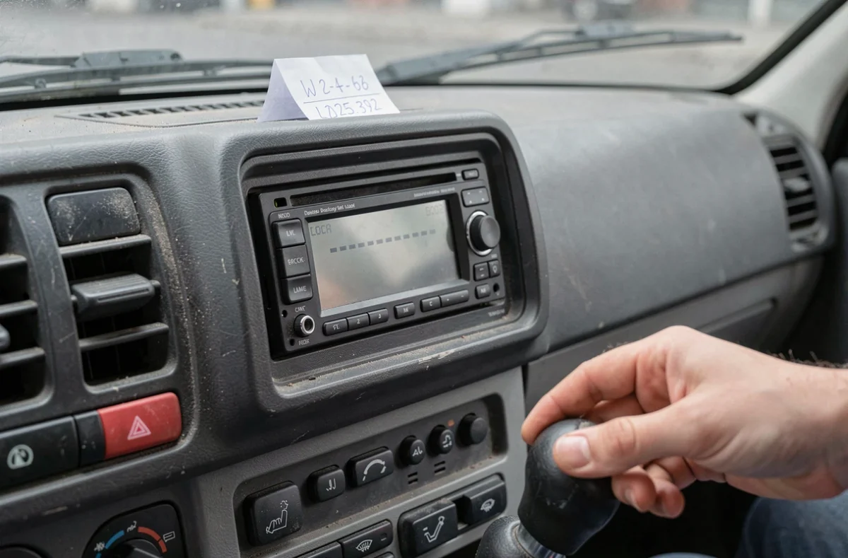 Autoradio Renault verrouillé avec code affiché sur le tableau de bord et note manuscrite du code VIN