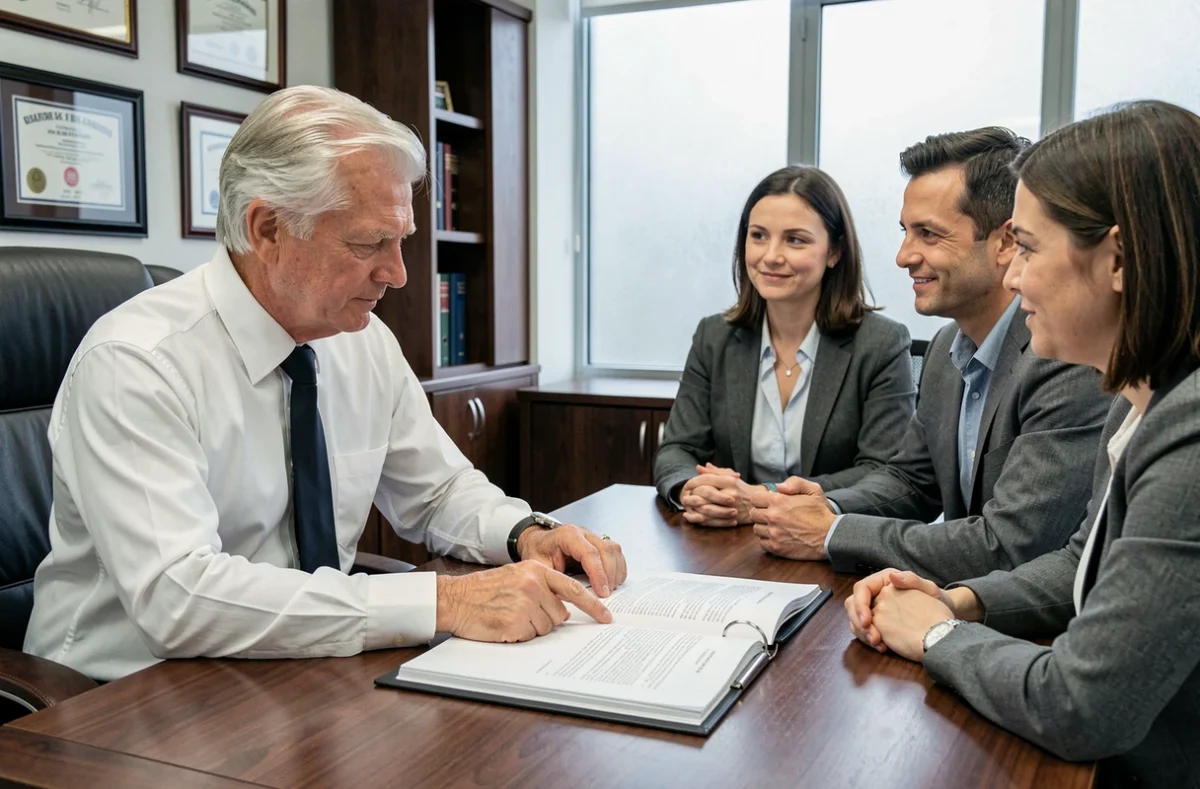 Avocat expliquant une protection juridique à un couple lors d'une consultation sur leur assurance auto