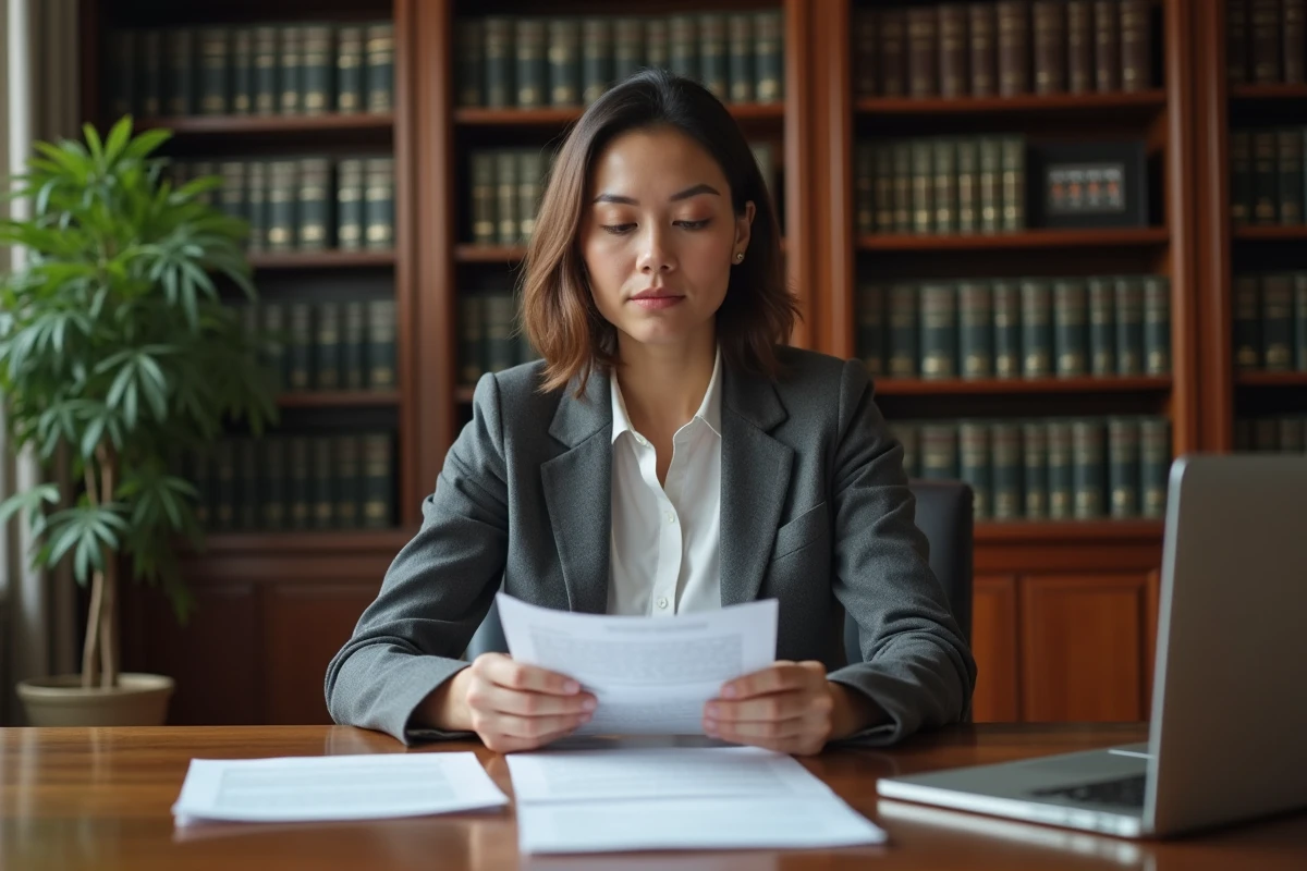 Avocate examinant des documents juridiques liés à une infraction de conduite sans permis, illustrant les sanctions légales en cas d'accident responsable avec un scooter