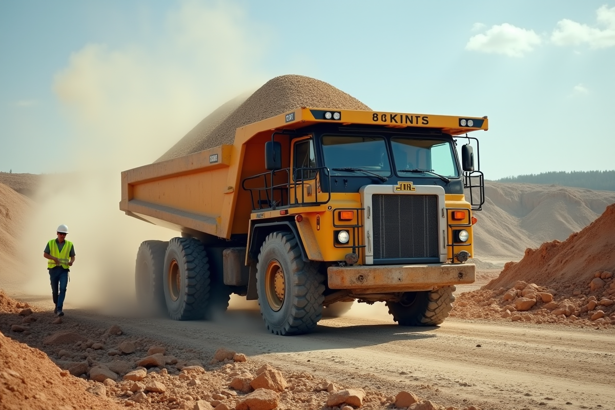 Camion benne déchargeant gravier sur un chantier actif
