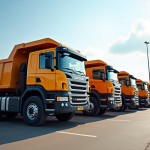 Ligne de camions bennes variés dans un dépôt en plein jour