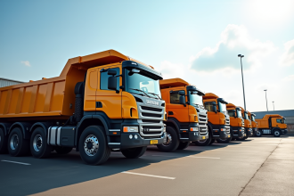 Ligne de camions bennes variés dans un dépôt en plein jour