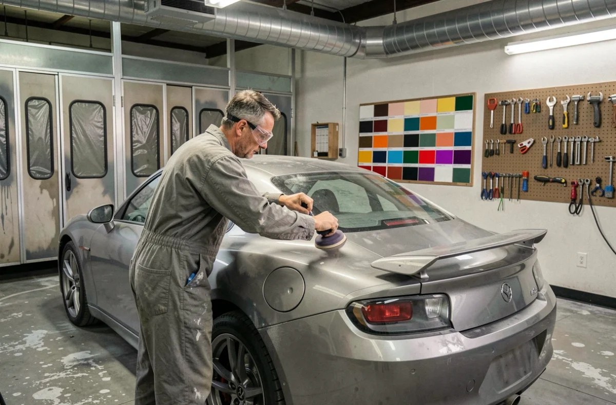Carrossier de Carrosserie Sportwagen ponçant la carrosserie d'un véhicule de sport dans un atelier spécialisé