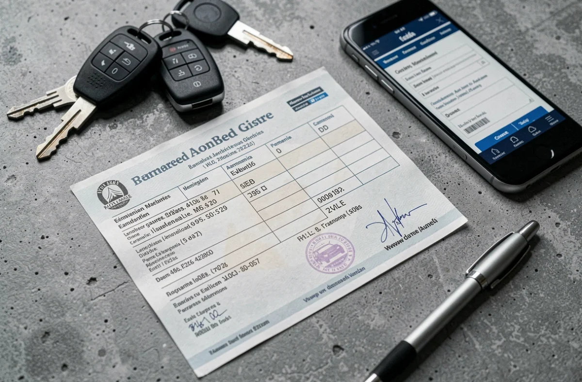 Vue de dessus d'une carte grise française posée sur un bureau avec smartphone et clés de voiture pour illustrer les démarches d'immatriculation