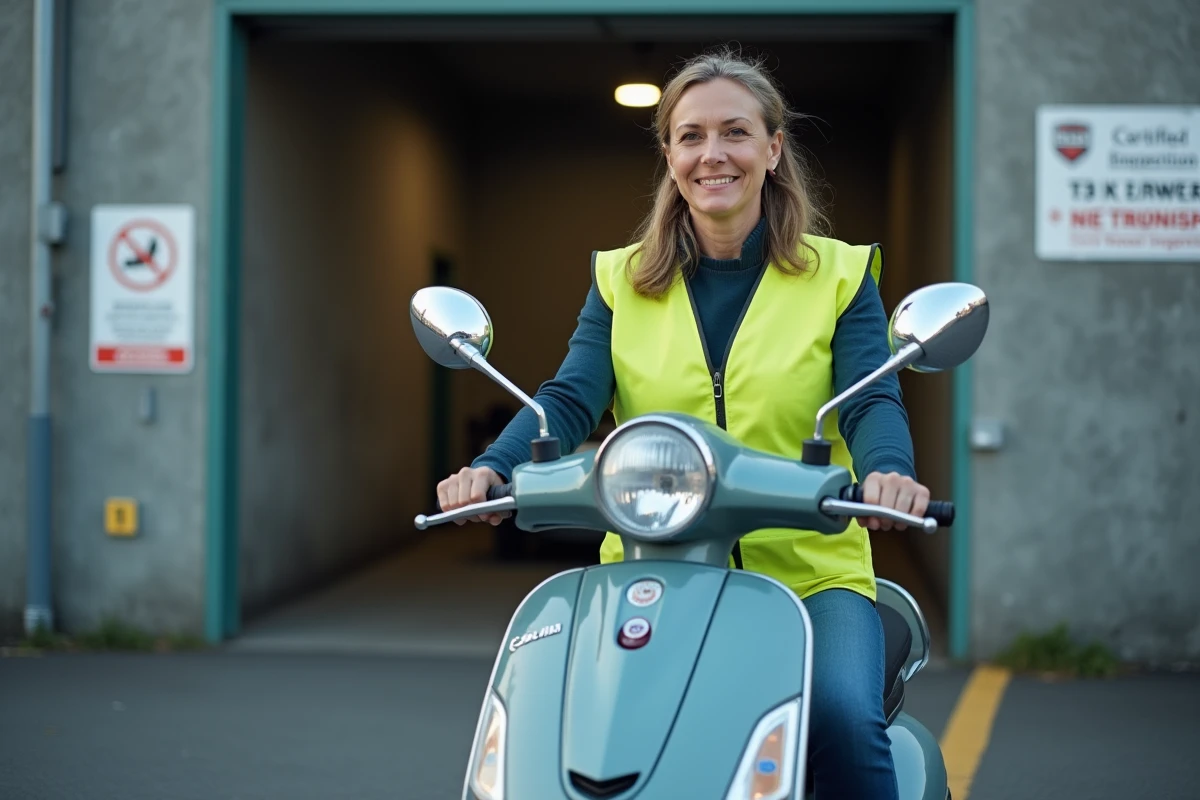 Femme conduisant un scooter 125cc à l'entrée d'un centre de contrôle technique deux-roues agréé