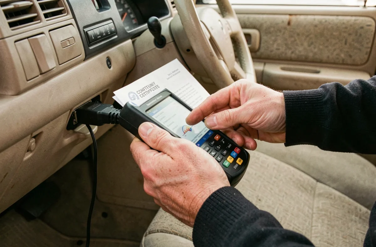 Gros plan sur un certificat de conformité et un scanner OBD branché sous le tableau de bord d'une voiture économique