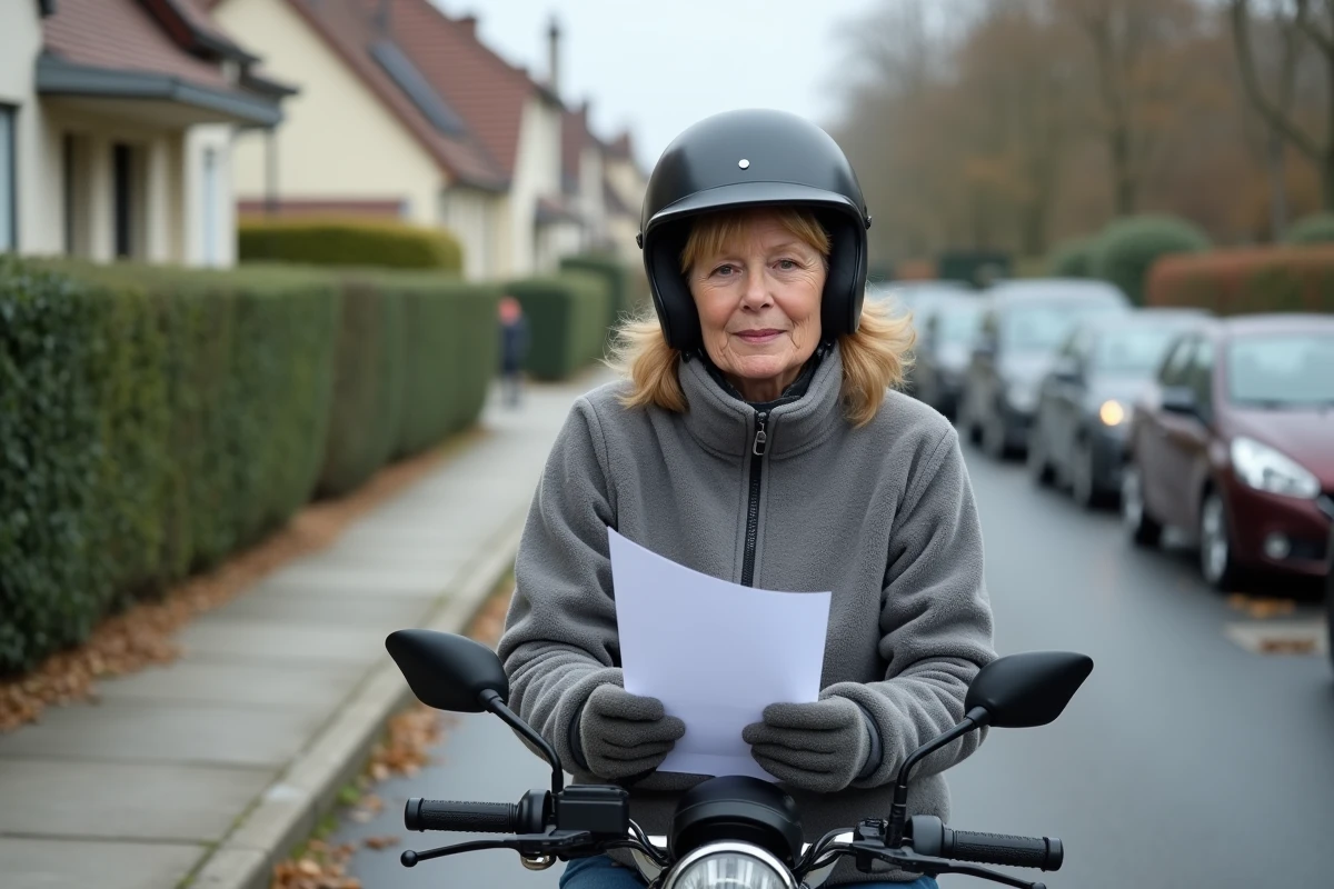 Femme avec un casque tenant des documents d'homologation sur un mini moto 80cc en milieu urbain