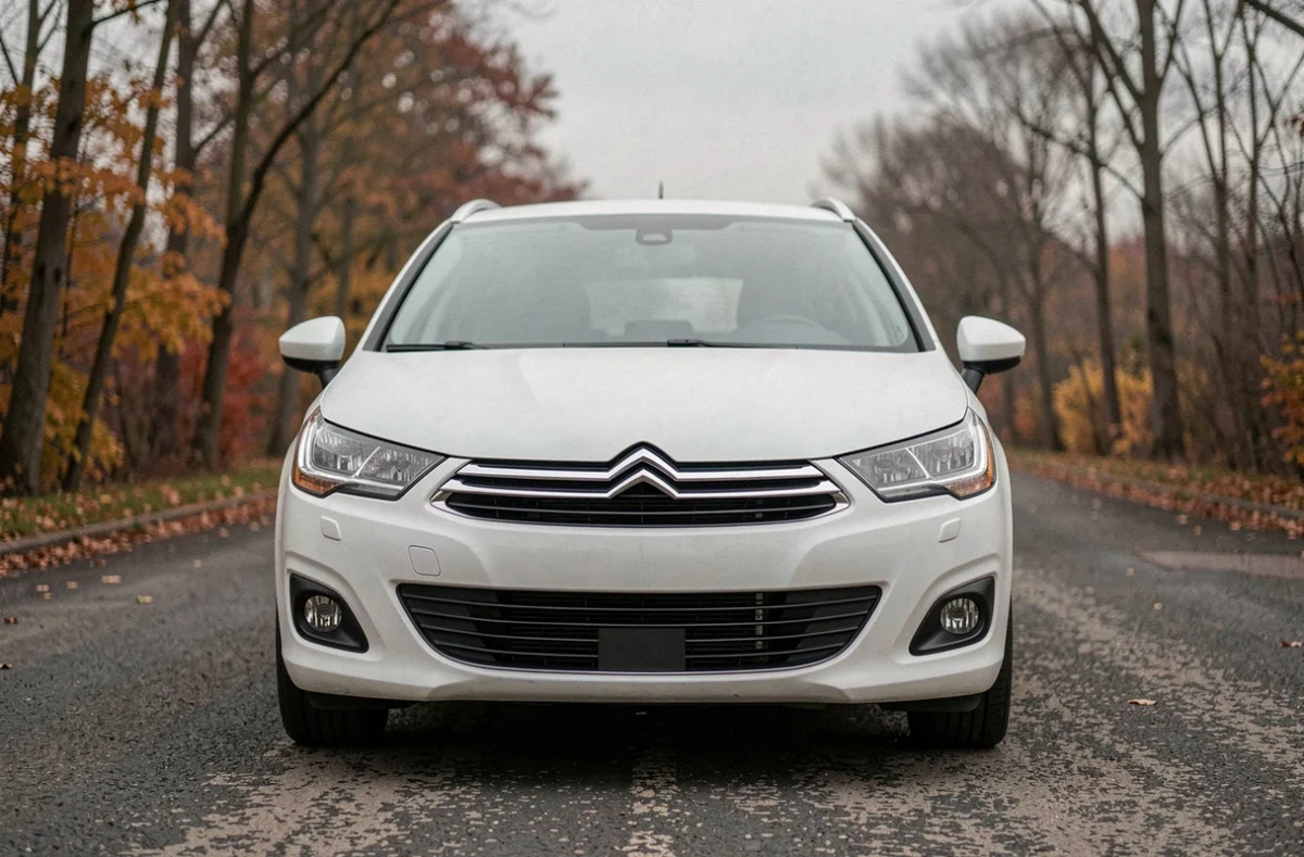 Citroën C4 blanc mat en extérieur sur route asphaltée, finition sans reflets avec texture veloutée