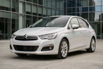 Citroën C4 blanc nacré garé en milieu urbain, reflets irisés bleutés visibles sur la carrosserie
