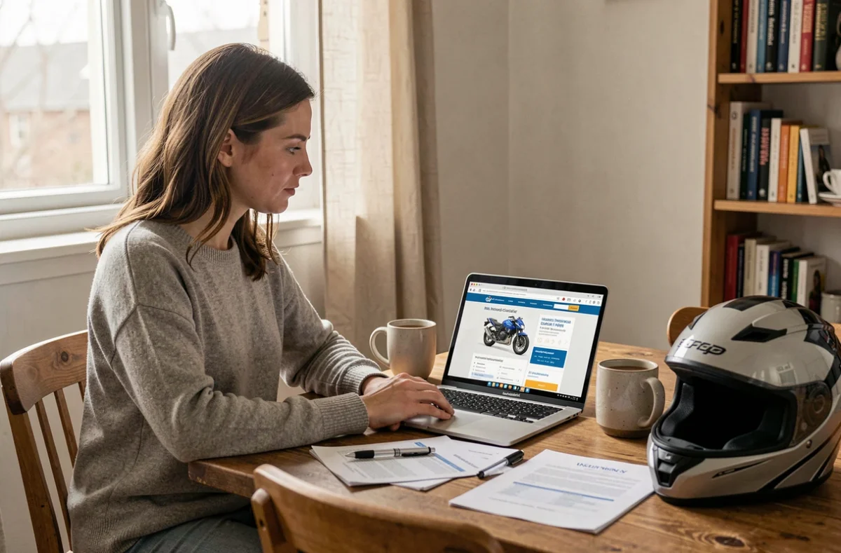 Femme comparant des offres d'assurance moto 125 sur ordinateur portable avec des documents d'assurance sur la table