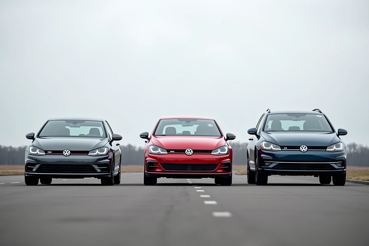 Trois générations de Volkswagen Golf côte à côte : Golf 6, Golf 7 et Golf 8 comparées de face sur un parking