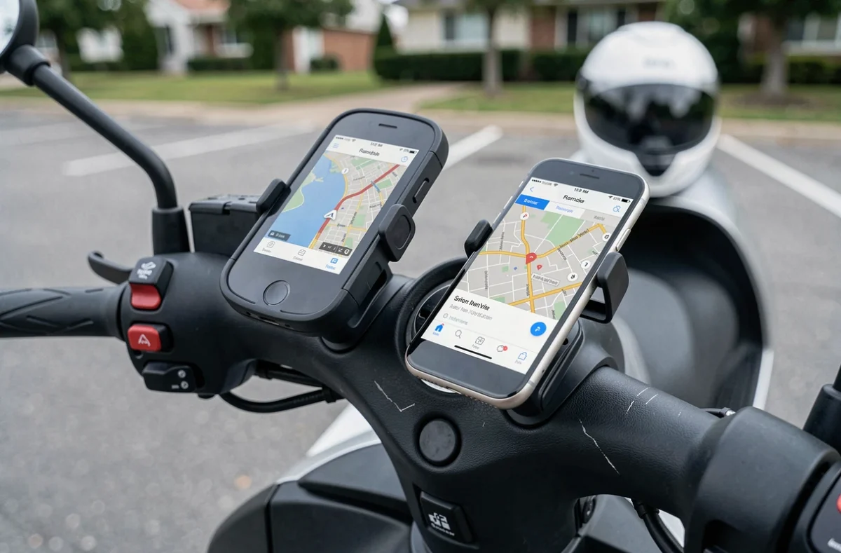 Comparaison GPS dédié et smartphone montés côte à côte sur le guidon d'un scooter