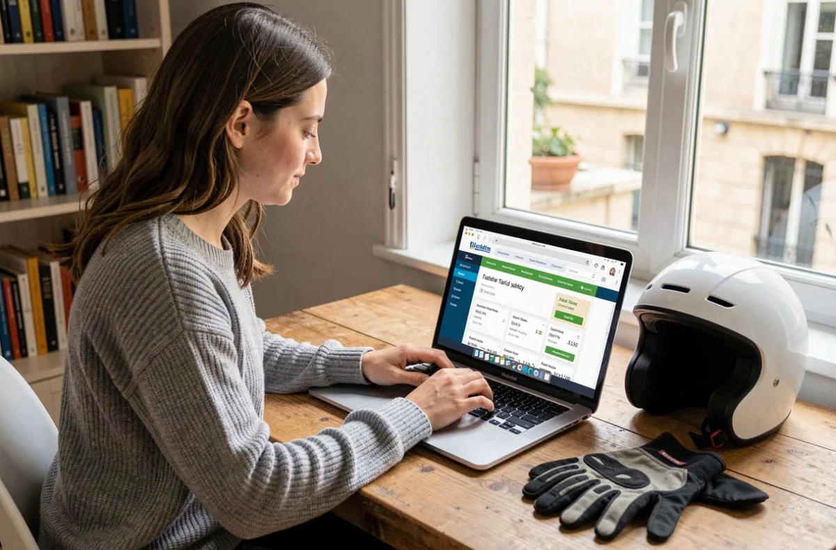 Femme comparant des tarifs d'assurance scooter en ligne depuis son appartement à Nantes