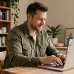 Homme comparant des assurances quad homologué sur un comparateur en ligne depuis son appartement