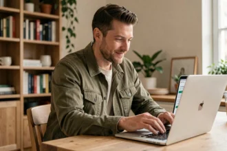 Homme comparant des assurances quad homologué sur un comparateur en ligne depuis son appartement