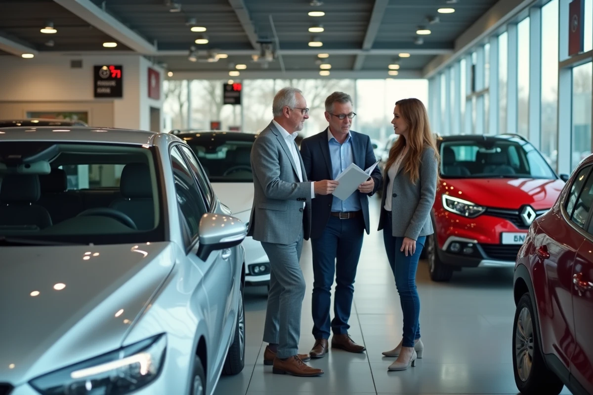 Vendeur présentant une voiture compacte à un couple dans une concession automobile française
