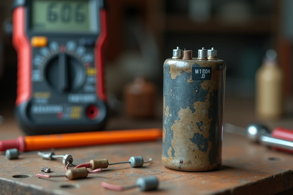 Gros plan d'un condensateur usé avec boîtier bombé retiré d'un moteur électrique posé sur un établi avec un multimètre
