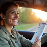 Conducteur souriant tenant son permis et un document avec calendrier