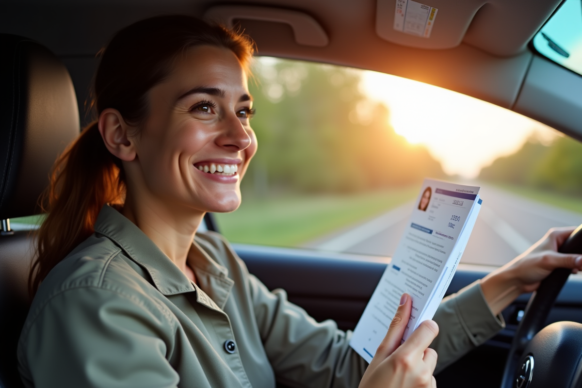 Conducteur souriant tenant son permis et un document avec calendrier