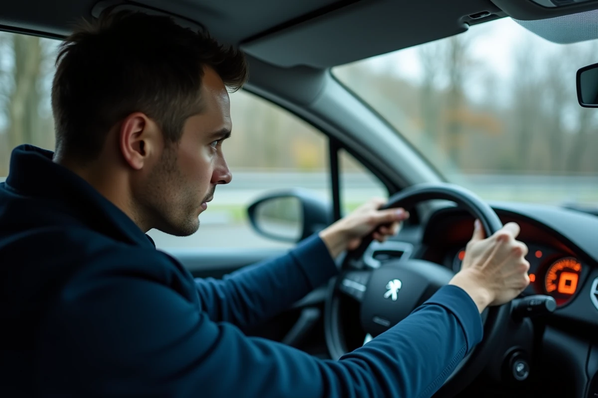 Conducteur inquiet observant un voyant orange allumé sur sa Peugeot 208 en route