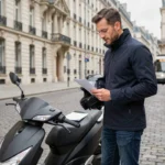 Conducteur de scooter à Nantes consultant une offre d'assurance deux-roues dans une rue pavée