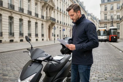 Conducteur de scooter à Nantes consultant une offre d'assurance deux-roues dans une rue pavée