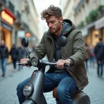 Jeune conducteur de scooter sans permis consulte son téléphone dans une rue urbaine, illustrant les risques juridiques en cas d'accident responsable