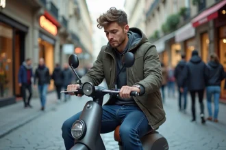 Jeune conducteur de scooter sans permis consulte son téléphone dans une rue urbaine, illustrant les risques juridiques en cas d'accident responsable