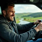 Homme souriant conduisant un SUV sur une route de campagne