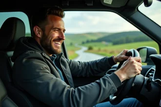 Homme souriant conduisant un SUV sur une route de campagne